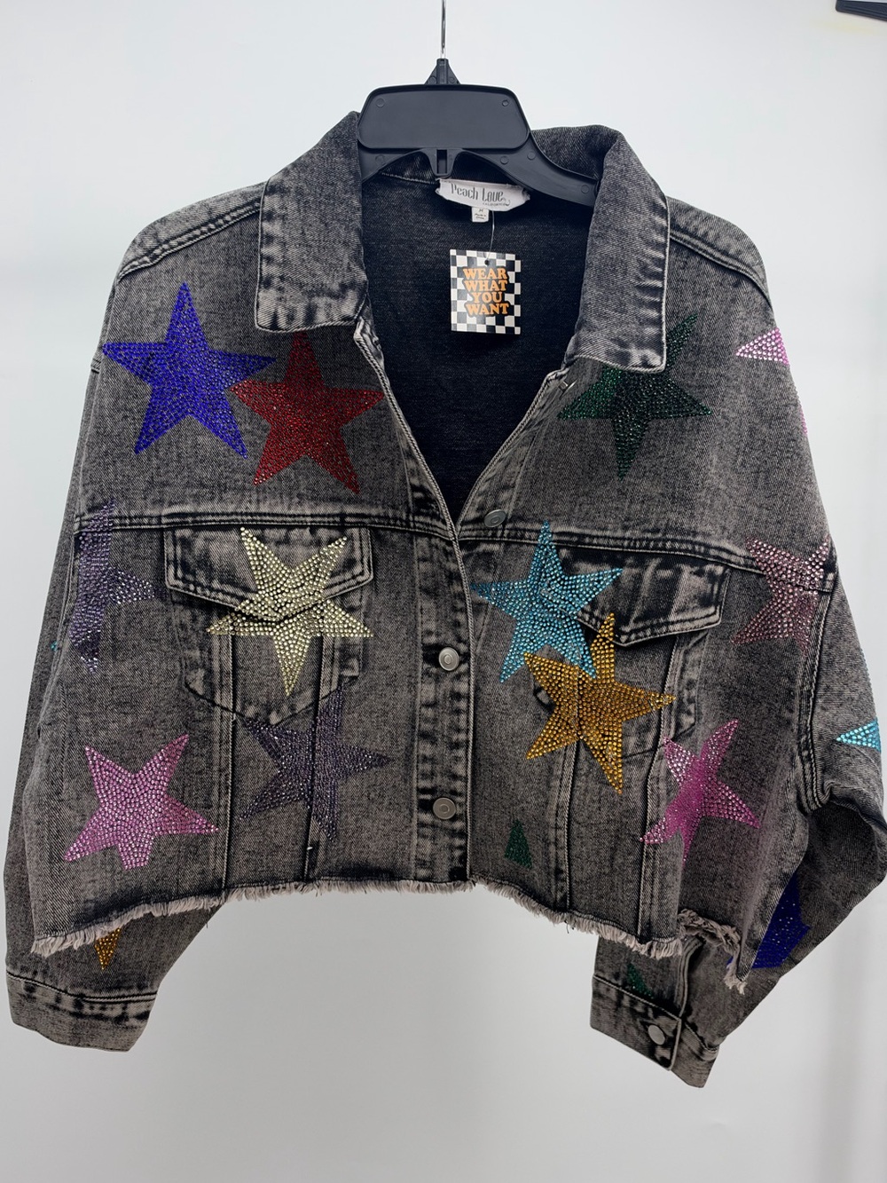 Peach Love California Gray Washed Denim Jacket with Multicolor Star Rhinestones